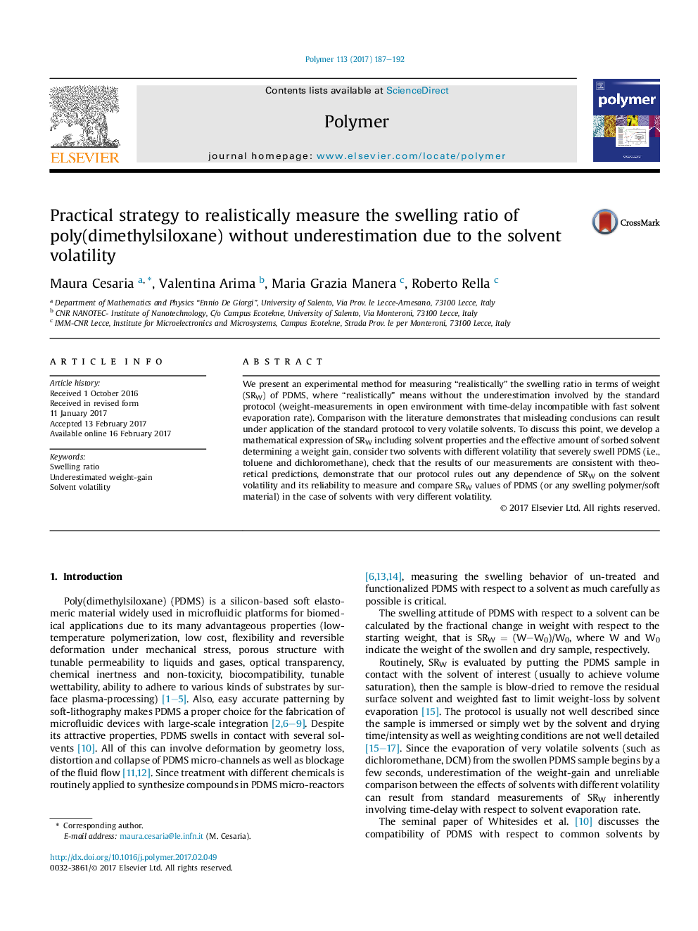 استراتژی عملی برای اندازه گیری نسبتا تورم پلی (دی متیل سیلوکسان) به طور واقع گرایانه بدون در نظر گرفتن کمبود آن به دلیل نوسان پذیری حلال 