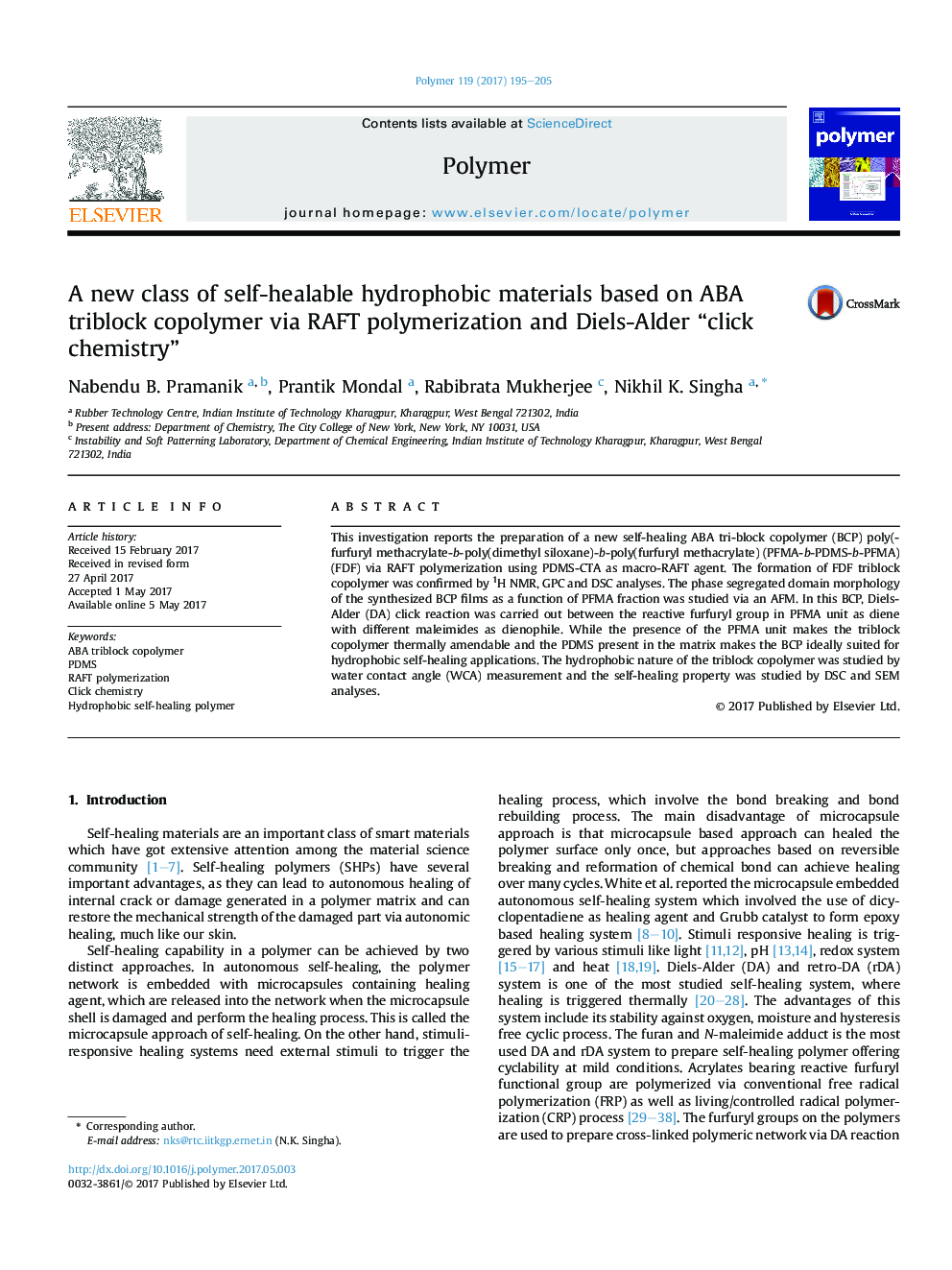 A new class of self-healable hydrophobic materials based on ABA triblock copolymer via RAFT polymerization and Diels-Alder “click chemistry”