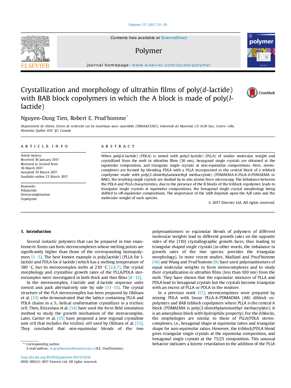 Crystallization and morphology of ultrathin films of poly(d-lactide) with BAB block copolymers in which the A block is made of poly(l-lactide)