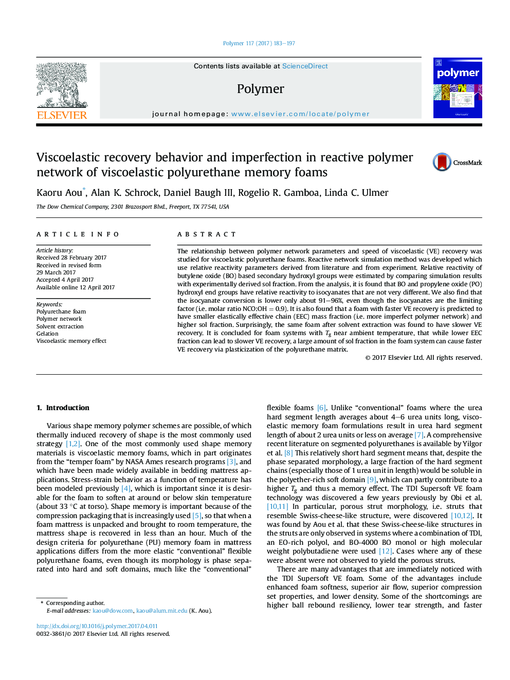 Viscoelastic recovery behavior and imperfection in reactive polymer network of viscoelastic polyurethane memory foams