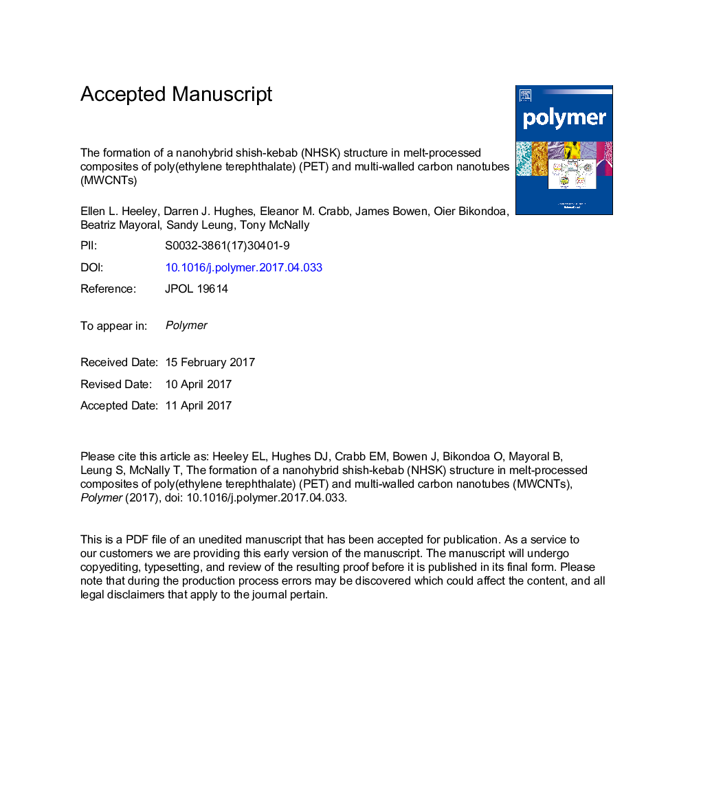 The formation of a nanohybrid shish-kebab (NHSK) structure in melt-processed composites of poly(ethylene terephthalate) (PET) andÂ multi-walled carbon nanotubes (MWCNTs)