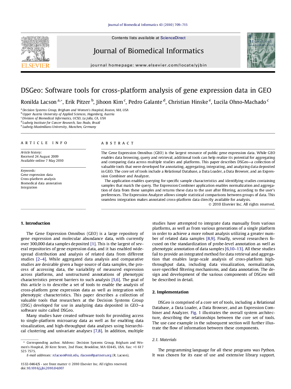 DSGeo: Software tools for cross-platform analysis of gene expression data in GEO