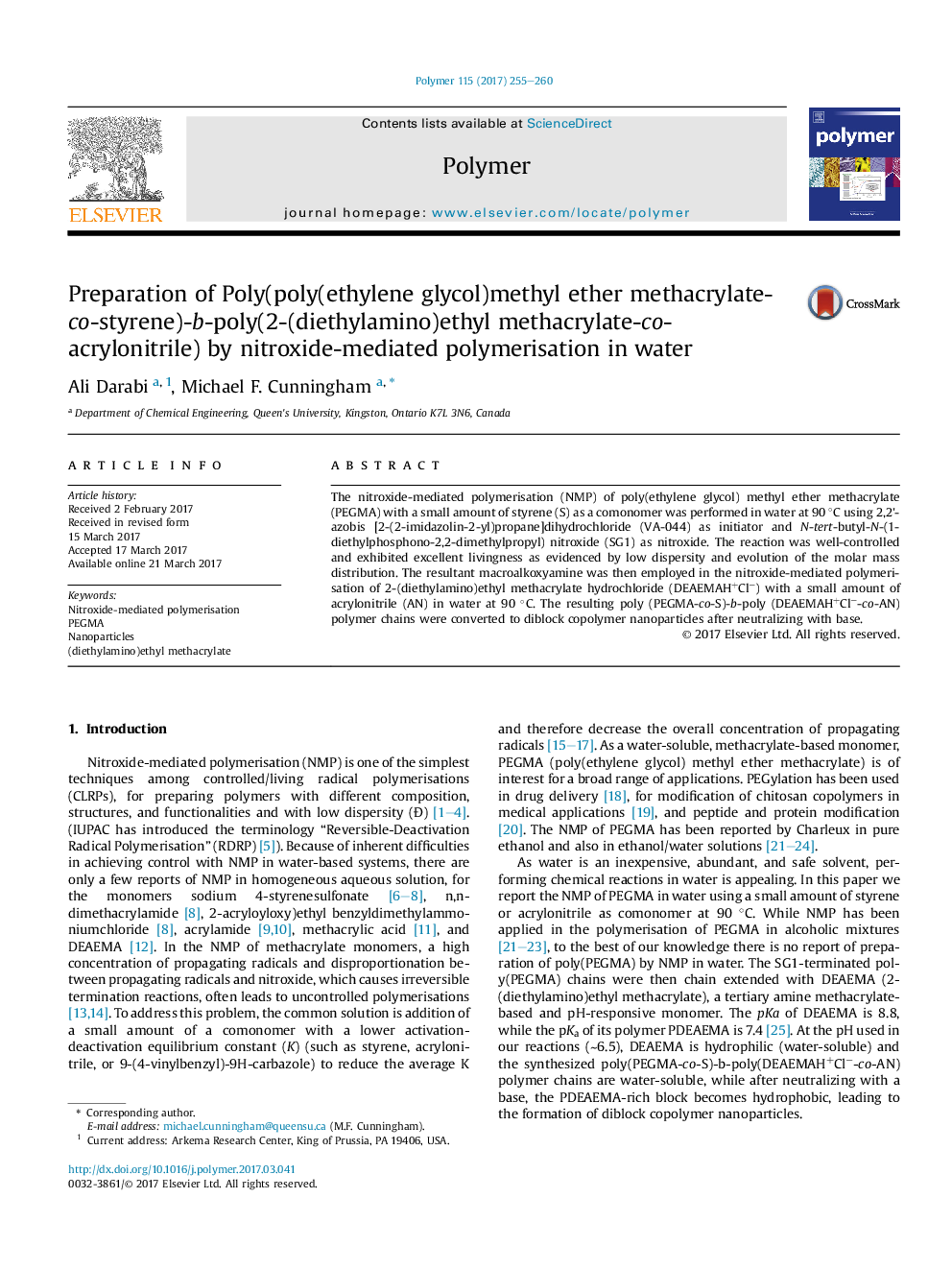 Preparation of Poly(poly(ethylene glycol)methyl ether methacrylate-co-styrene)-b-poly(2-(diethylamino)ethyl methacrylate-co-acrylonitrile) by nitroxide-mediated polymerisation in water