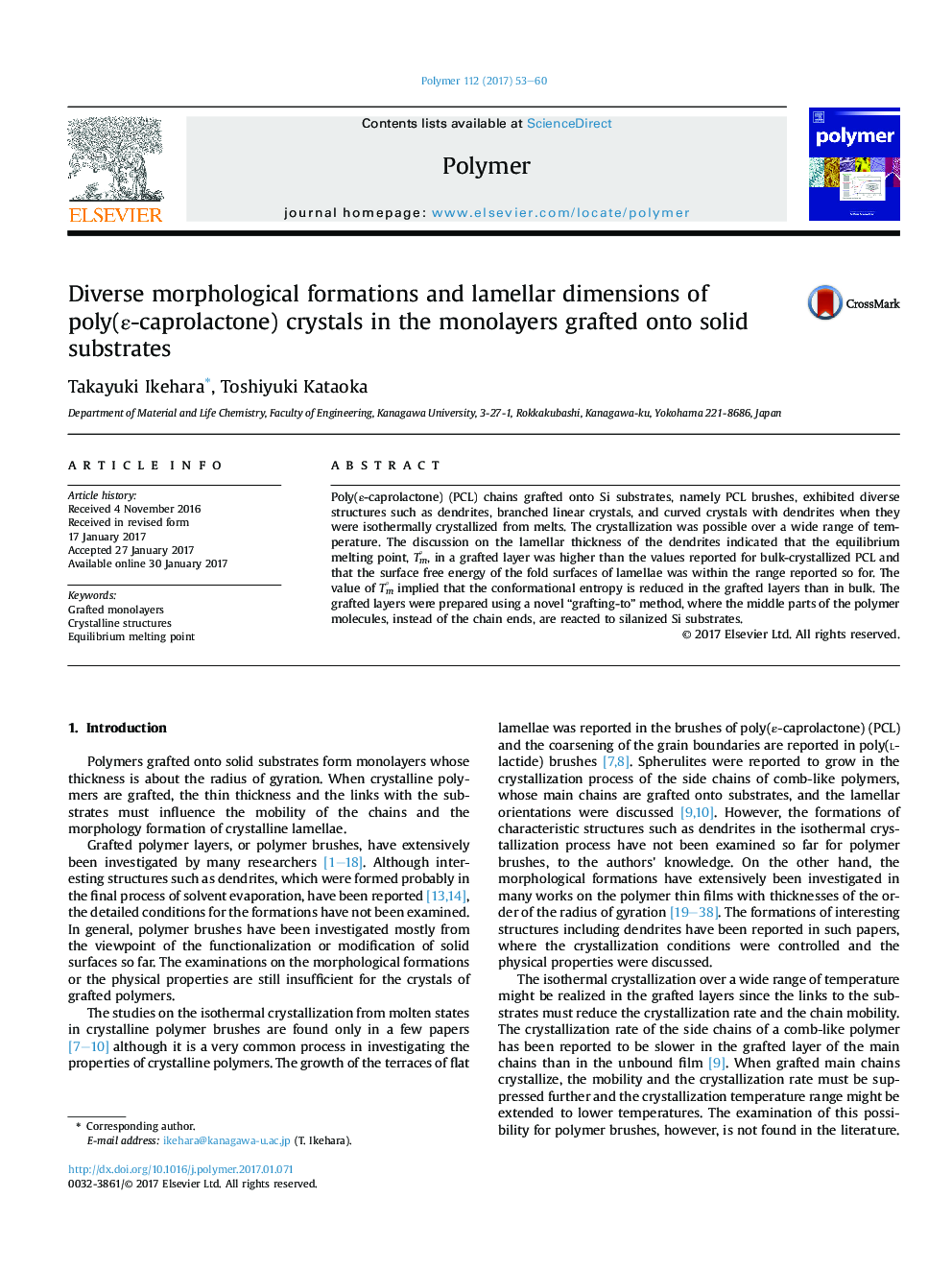 Diverse morphological formations and lamellar dimensions of poly(Îµ-caprolactone) crystals in the monolayers grafted onto solid substrates