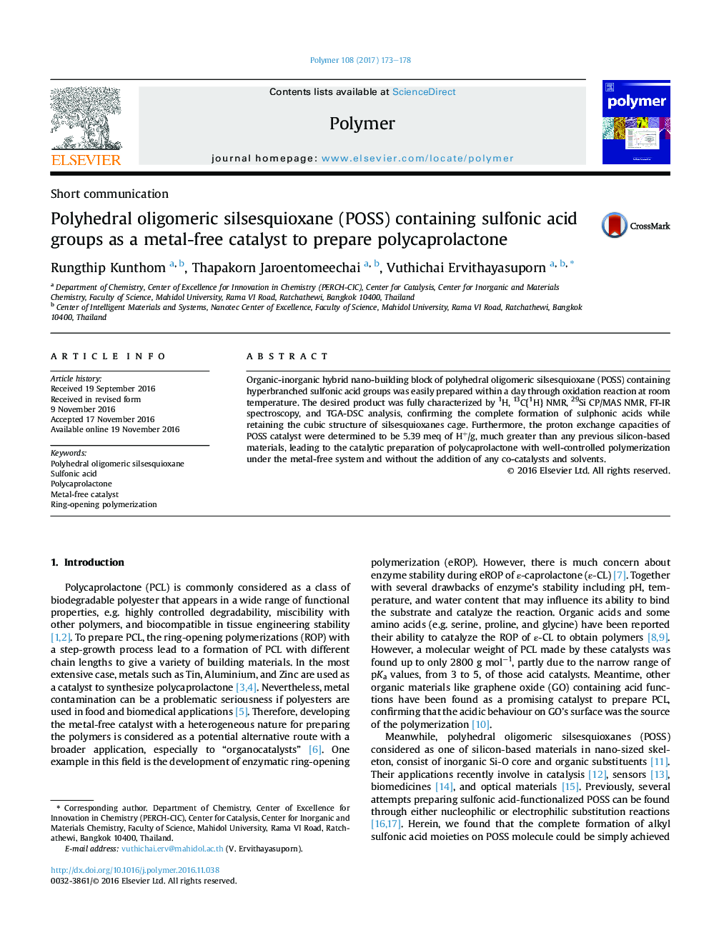 عکس صفحه اول مقاله: Polyhedral oligomeric silsesquioxane (POSS) containing sulfonic acid groups as a metal-free catalyst to prepare polycaprolactone Polyhedral oligomeric silsesquioxane (POSS) containing sulfonic acid groups as a metal-free catalyst to prepare polycaprolactone