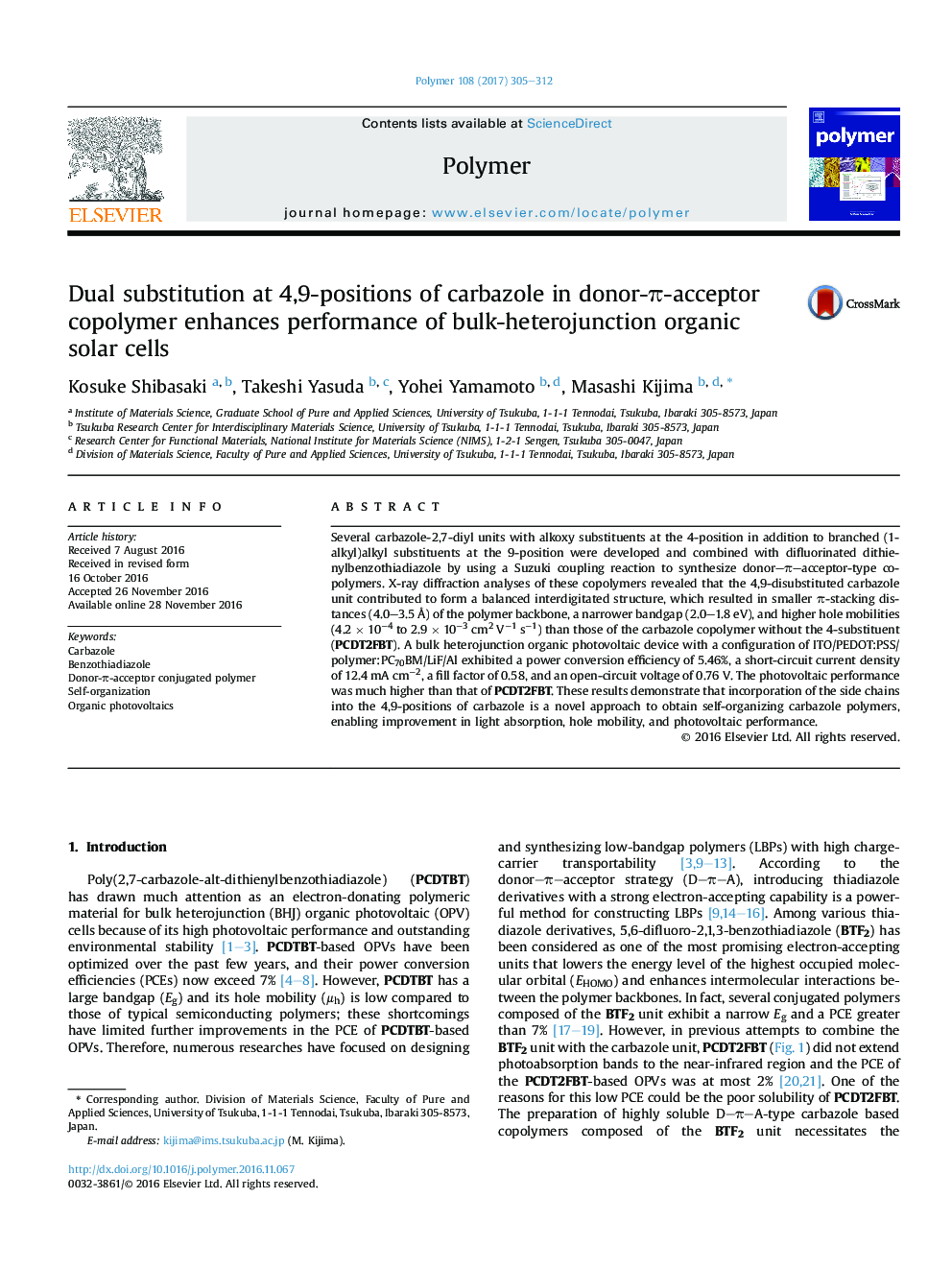 Dual substitution at 4,9-positions of carbazole in donor-Ï-acceptor copolymer enhances performance of bulk-heterojunction organic solar cells