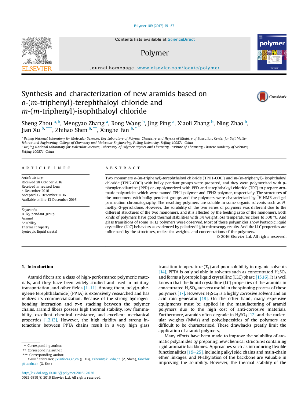 Synthesis and characterization of new aramids based on o-(m-triphenyl)-terephthaloyl chloride and m-(m-triphenyl)-isophthaloyl chloride