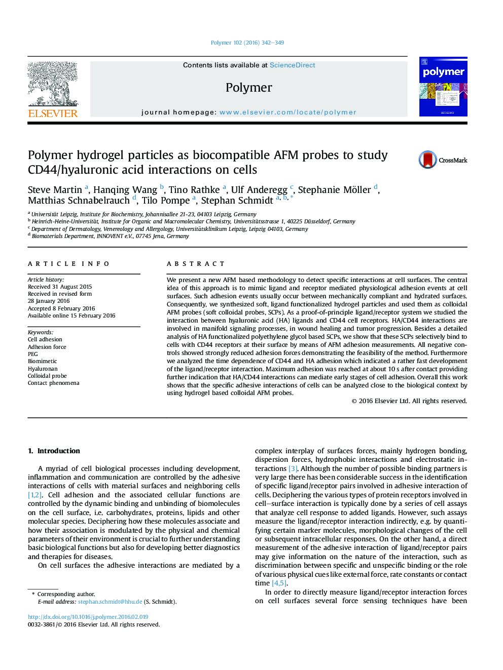 Polymer hydrogel particles as biocompatible AFM probes to study CD44/hyaluronic acid interactions on cells