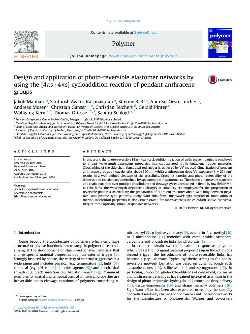 Design and application of photo-reversible elastomer networks by using the [4Ïs+4Ïs] cycloaddition reaction of pendant anthracene groups