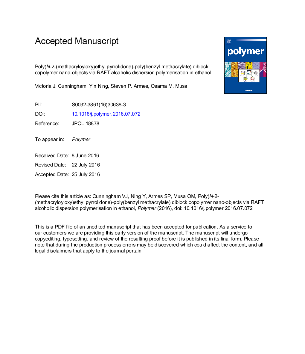 Poly(N-2-(methacryloyloxy)ethyl pyrrolidone)-poly(benzyl methacrylate) diblock copolymer nano-objects via RAFT alcoholic dispersion polymerisation in ethanol
