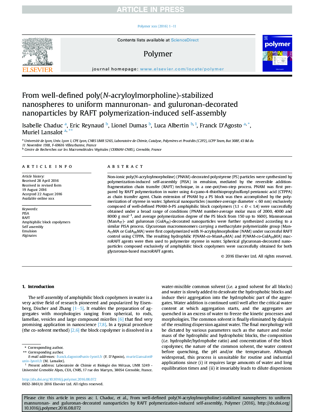 From well-defined poly(N-acryloylmorpholine)-stabilized nanospheres to uniform mannuronan- and guluronan-decorated nanoparticles by RAFT polymerization-induced self-assembly