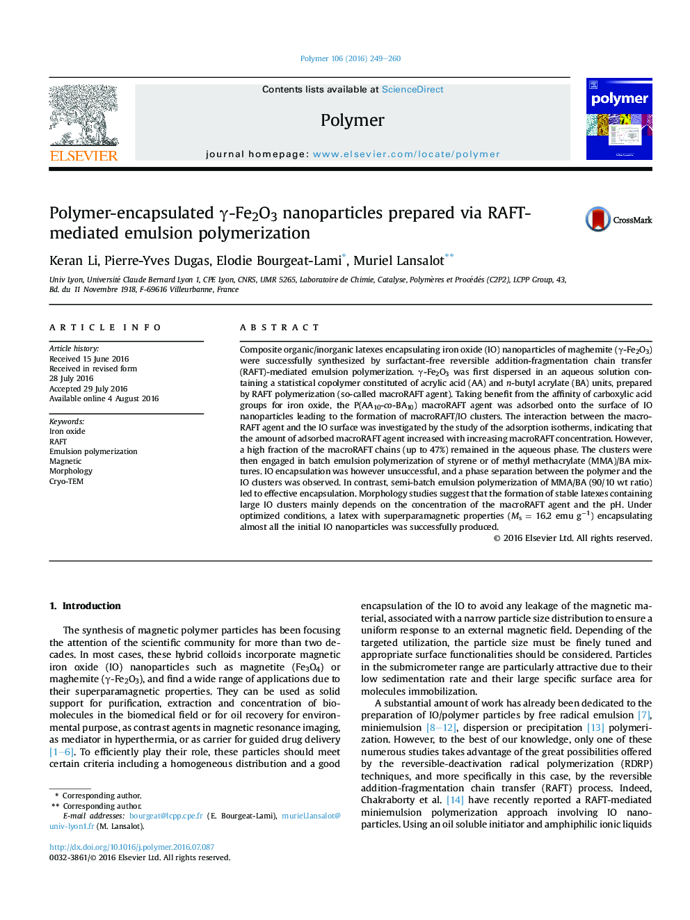 Polymer-encapsulated Î³-Fe2O3 nanoparticles prepared via RAFT-mediated emulsion polymerization