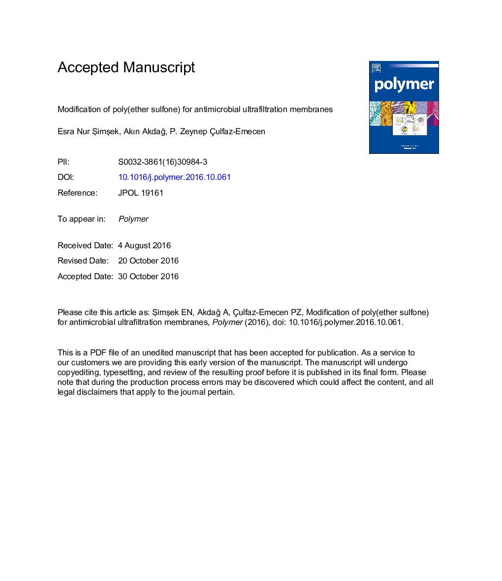 Modification of poly(ether sulfone) for antimicrobial ultrafiltration membranes