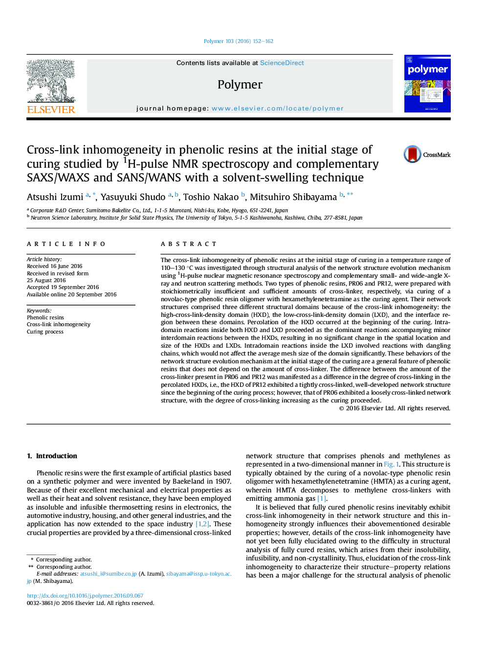 Cross-link inhomogeneity in phenolic resins at the initial stage of curing studied by 1H-pulse NMR spectroscopy and complementary SAXS/WAXS and SANS/WANS with a solvent-swelling technique