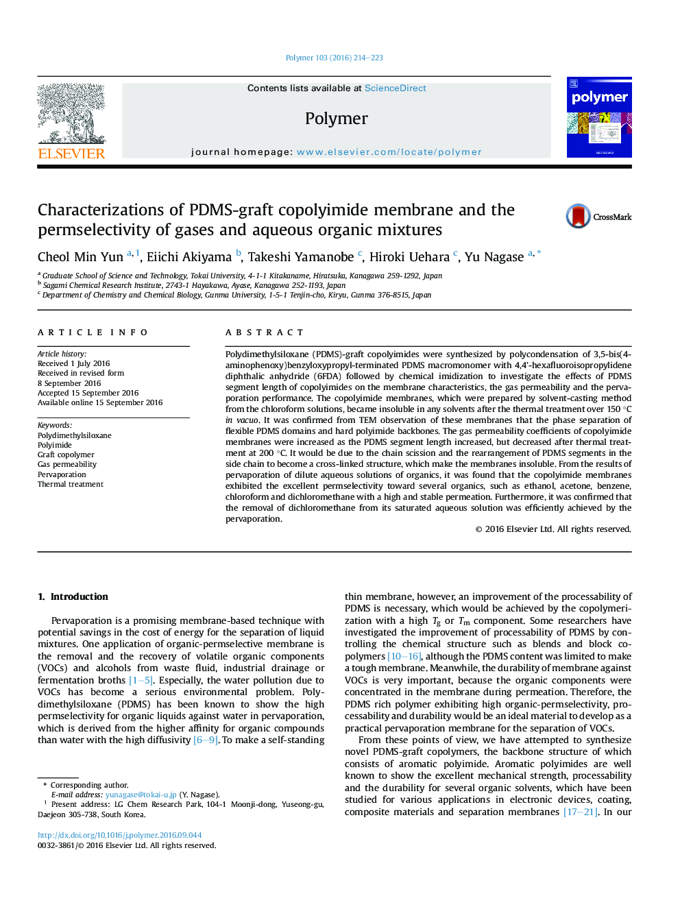 Characterizations of PDMS-graft copolyimide membrane and the permselectivity of gases and aqueous organic mixtures