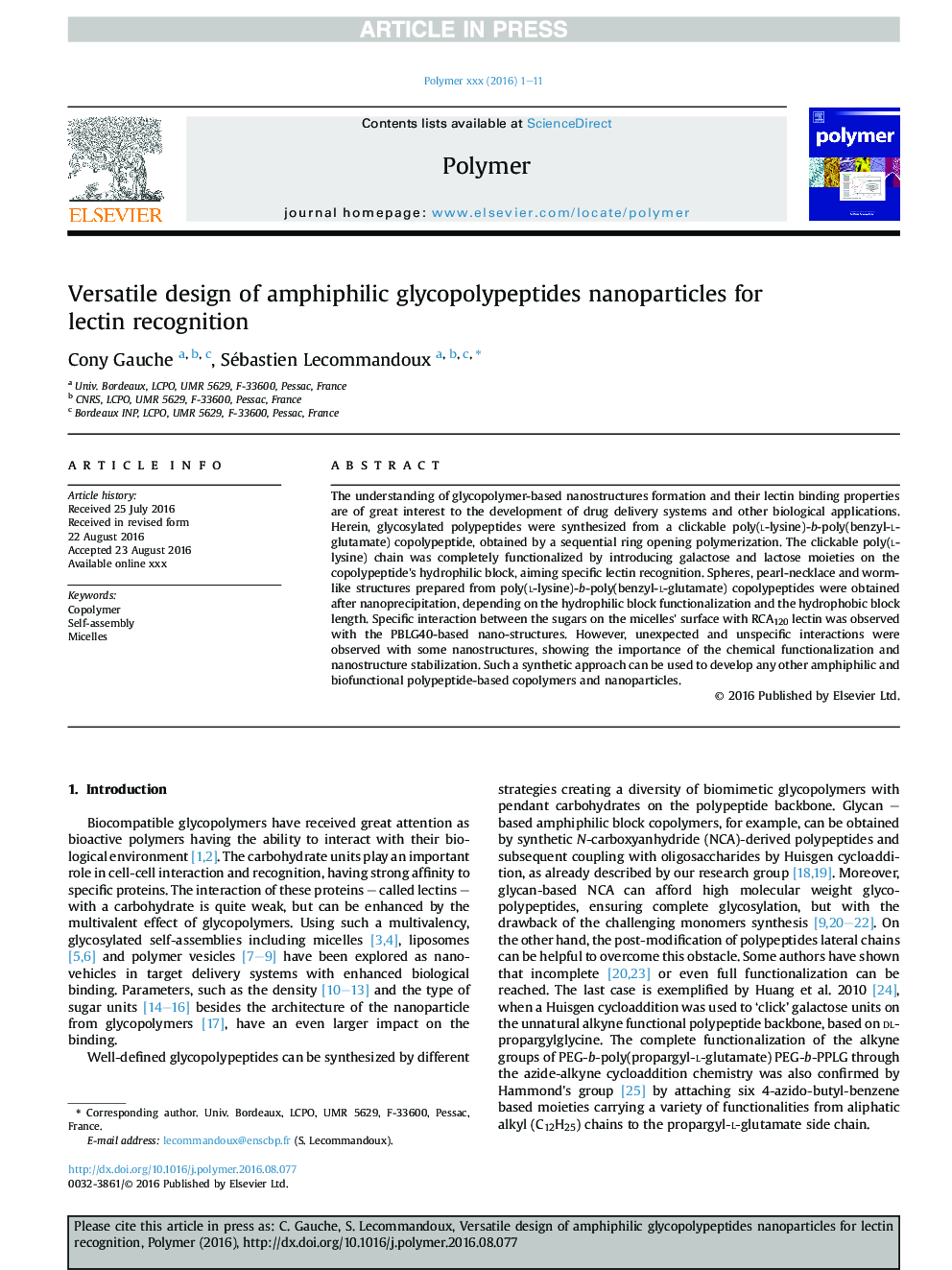 Versatile design of amphiphilic glycopolypeptides nanoparticles for lectin recognition