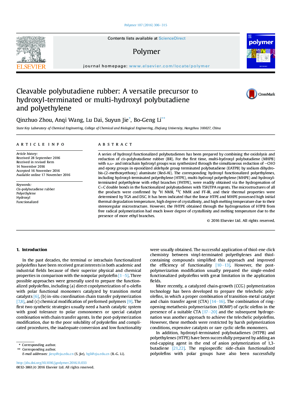 Cleavable polybutadiene rubber: A versatile precursor to hydroxyl-terminated or multi-hydroxyl polybutadiene and polyethylene