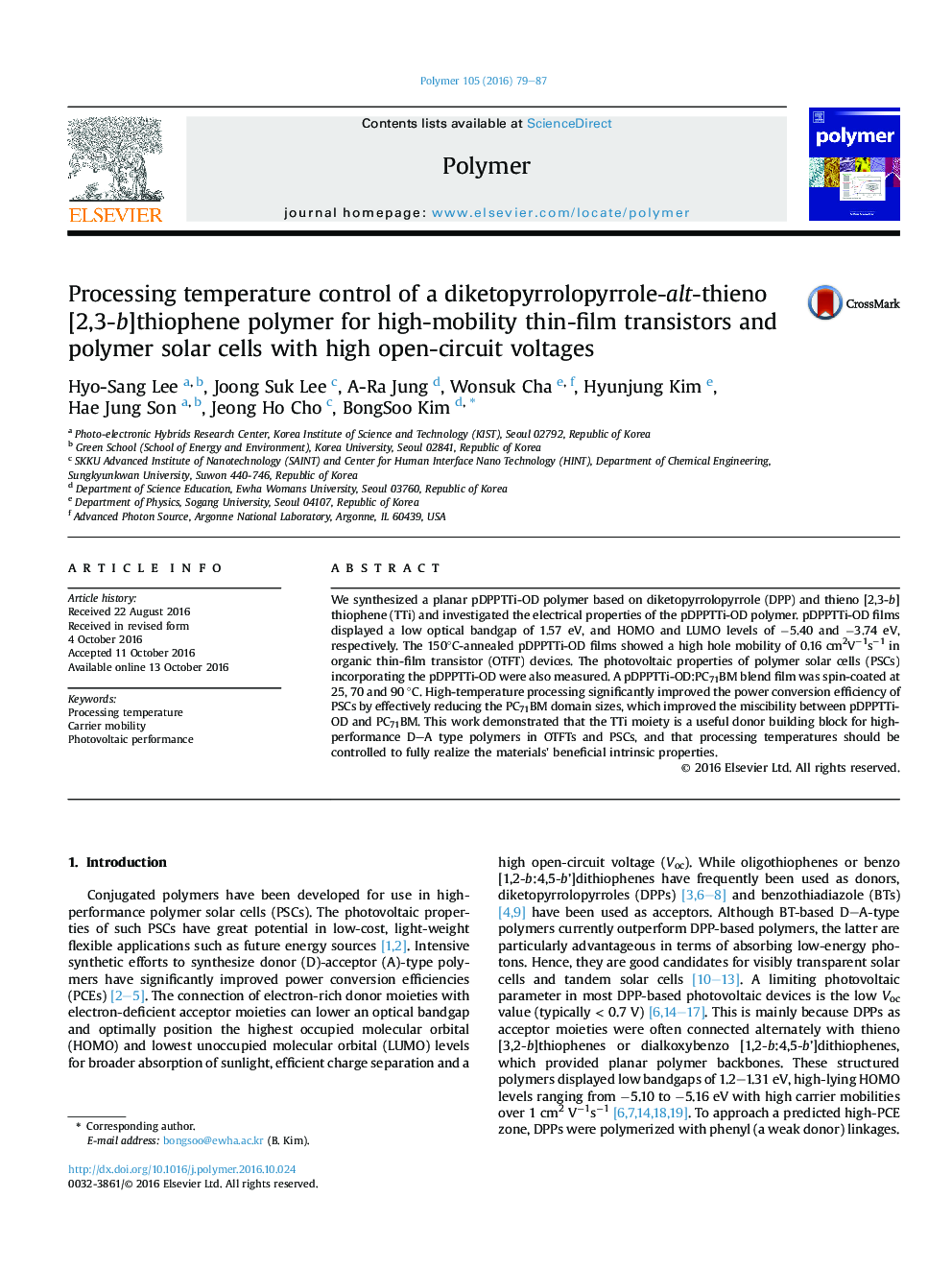 Processing temperature control of a diketopyrrolopyrrole-alt-thieno[2,3-b]thiophene polymer for high-mobility thin-film transistors and polymer solar cells with high open-circuit voltages