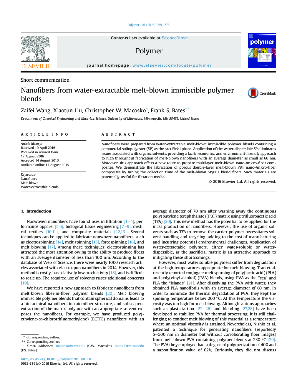 Nanofibers from water-extractable melt-blown immiscible polymer blends