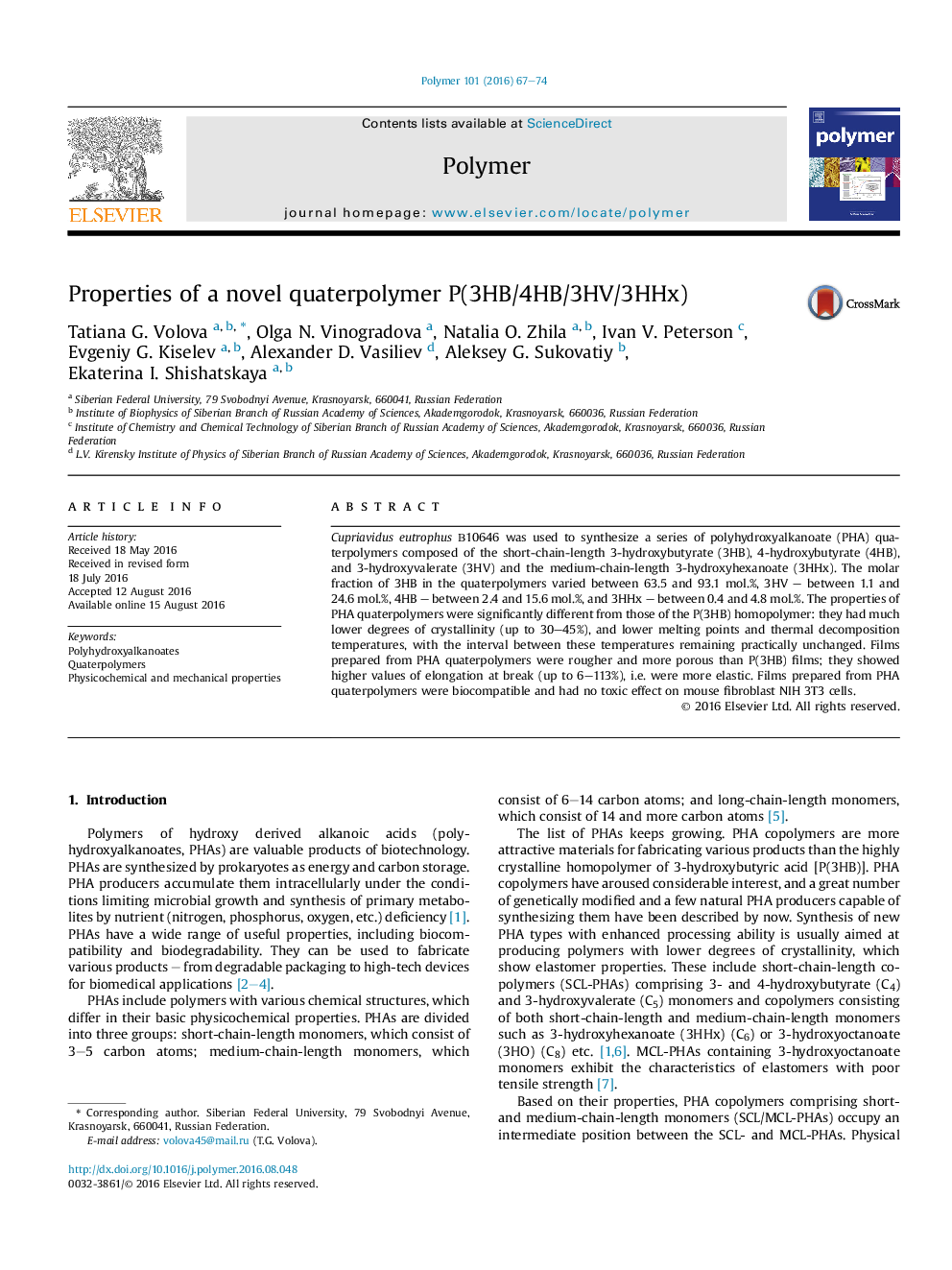 Properties of a novel quaterpolymer P(3HB/4HB/3HV/3HHx)