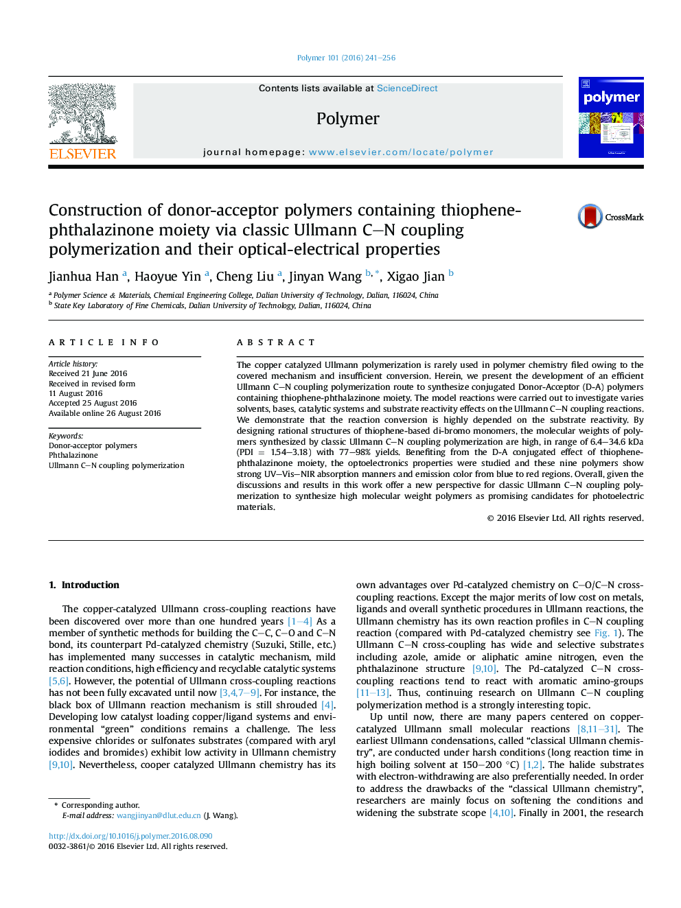 Construction of donor-acceptor polymers containing thiophene-phthalazinone moiety via classic Ullmann CN coupling polymerization and their optical-electrical properties