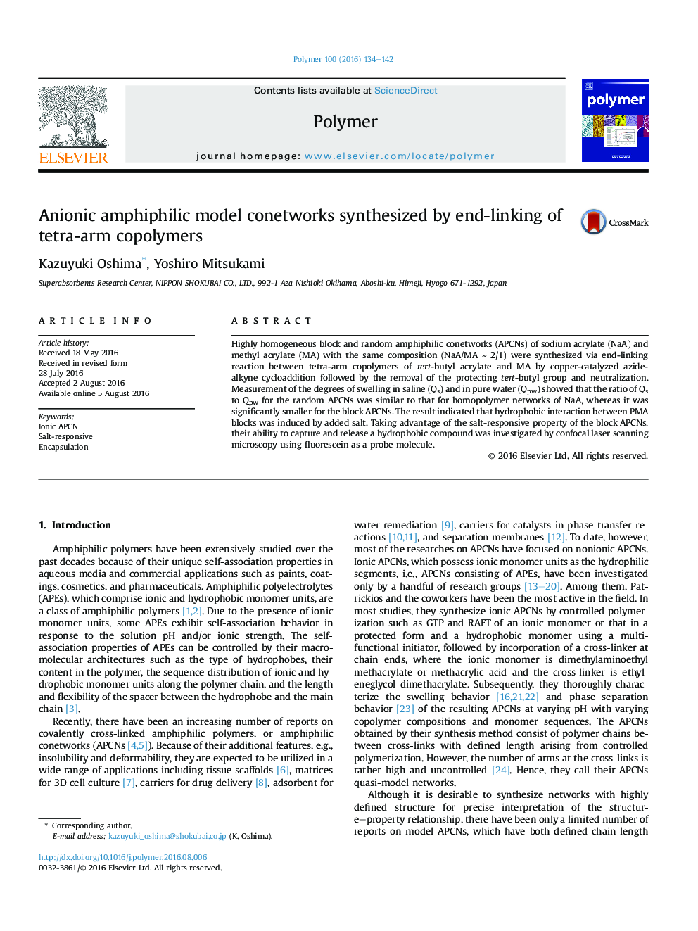 Anionic amphiphilic model conetworks synthesized by end-linking of tetra-arm copolymers