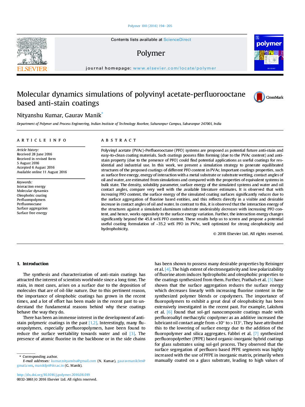 Molecular dynamics simulations of polyvinyl acetate-perfluorooctane based anti-stain coatings