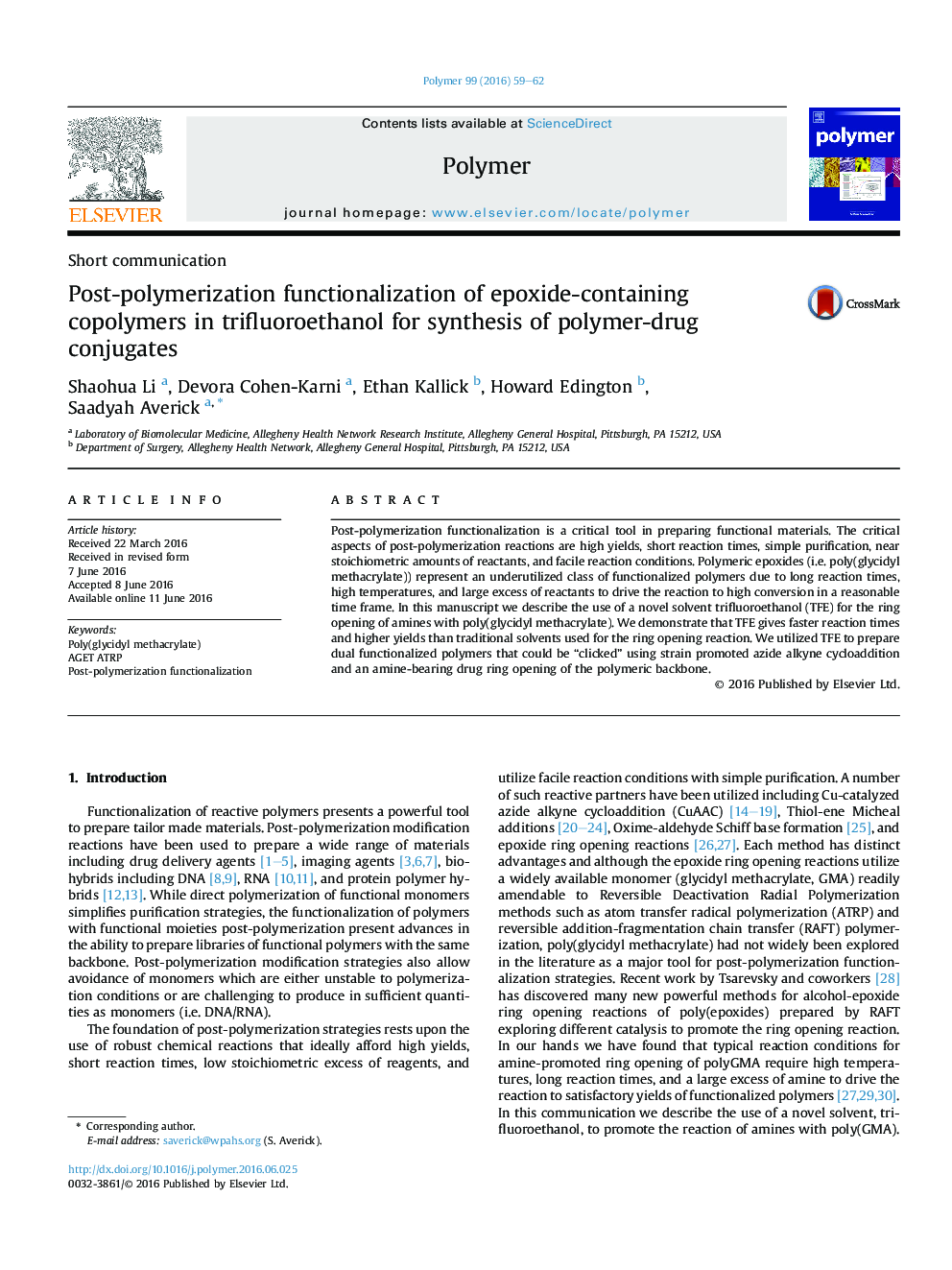 Post-polymerization functionalization of epoxide-containing copolymers in trifluoroethanol for synthesis of polymer-drug conjugates