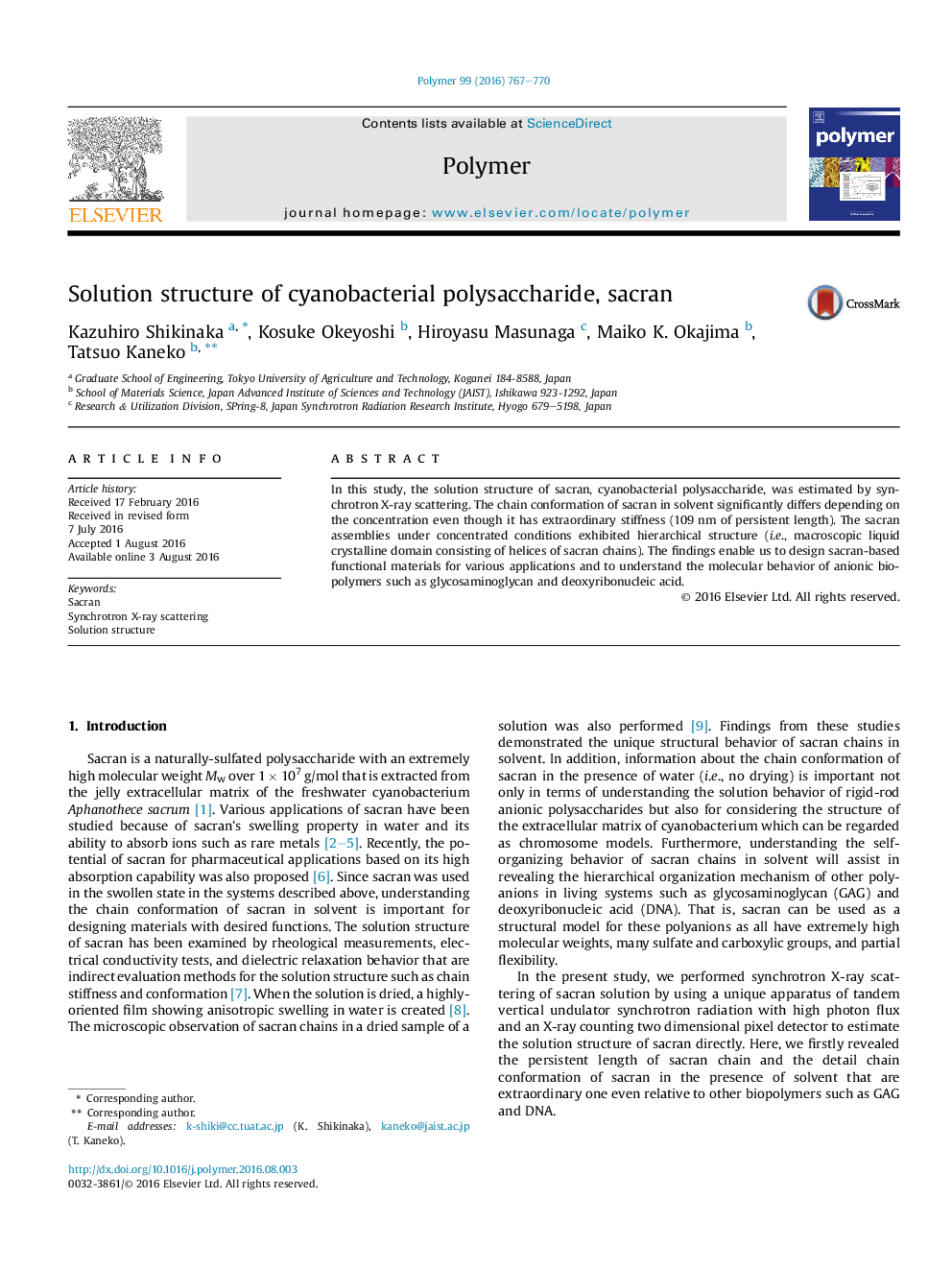 Solution structure of cyanobacterial polysaccharide, sacran