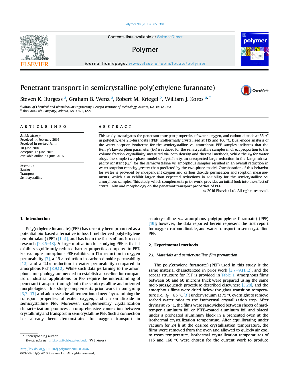 Penetrant transport in semicrystalline poly(ethylene furanoate)