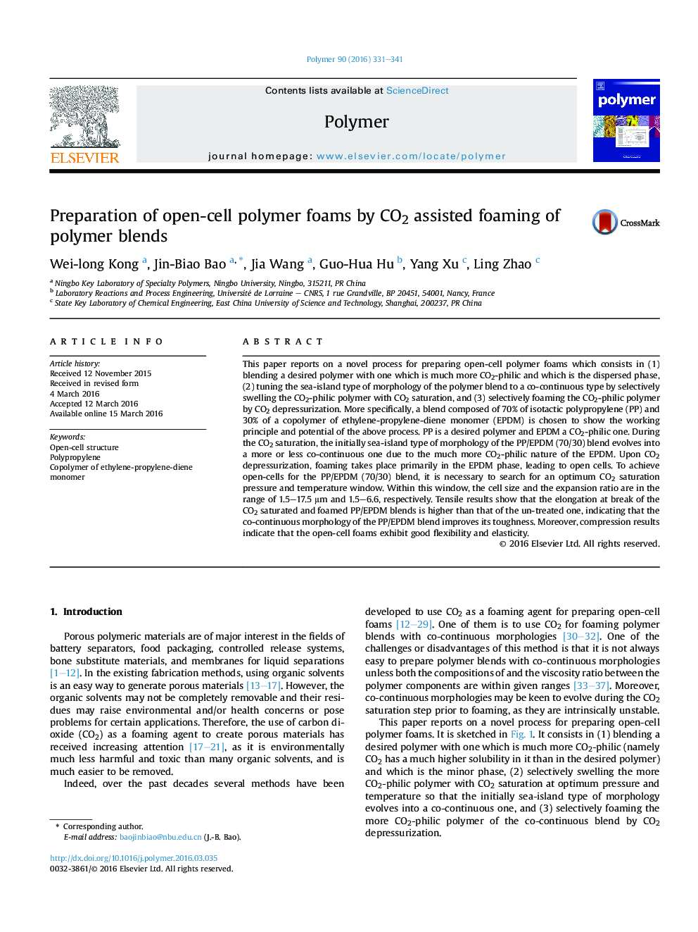 Preparation of open-cell polymer foams by CO2 assisted foaming of polymer blends