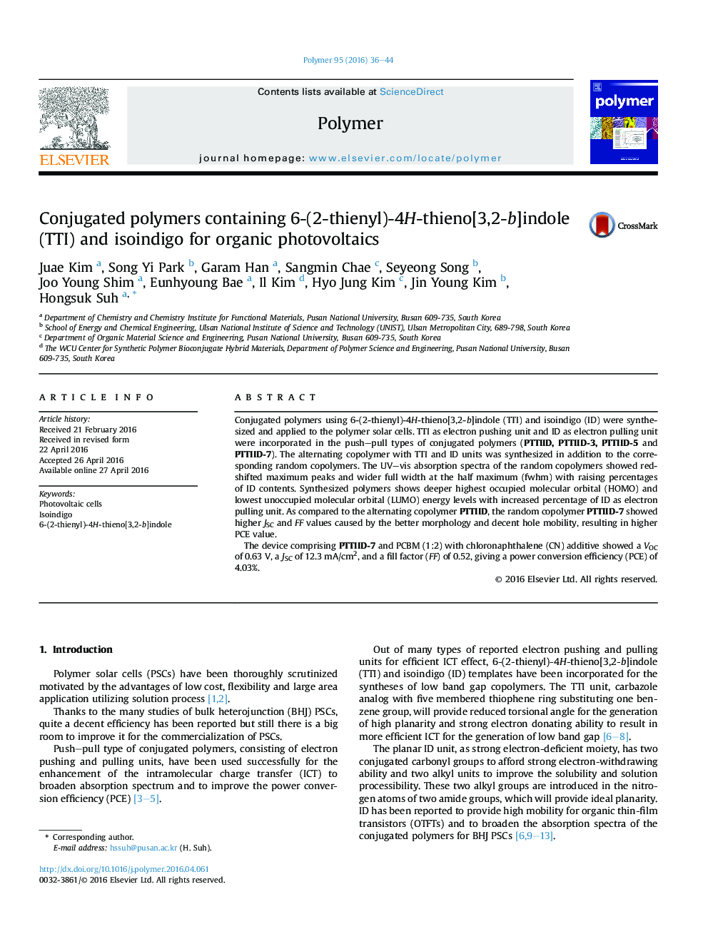 Conjugated polymers containing 6-(2-thienyl)-4H-thieno[3,2-b]indole (TTI) and isoindigo for organic photovoltaics