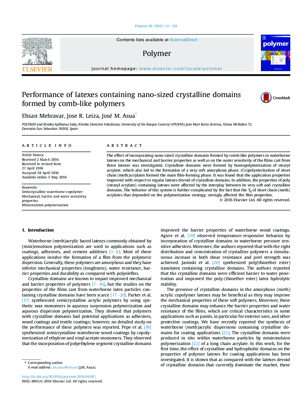 Performance of latexes containing nano-sized crystalline domains formed by comb-like polymers