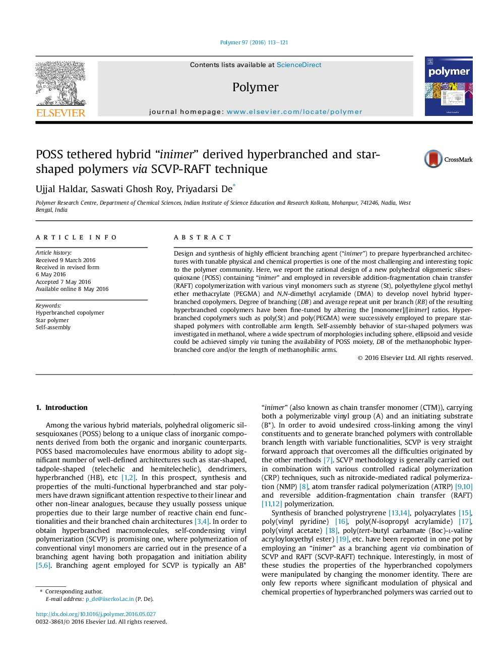 POSS tethered hybrid “inimer” derived hyperbranched and star-shaped polymers via SCVP-RAFT technique