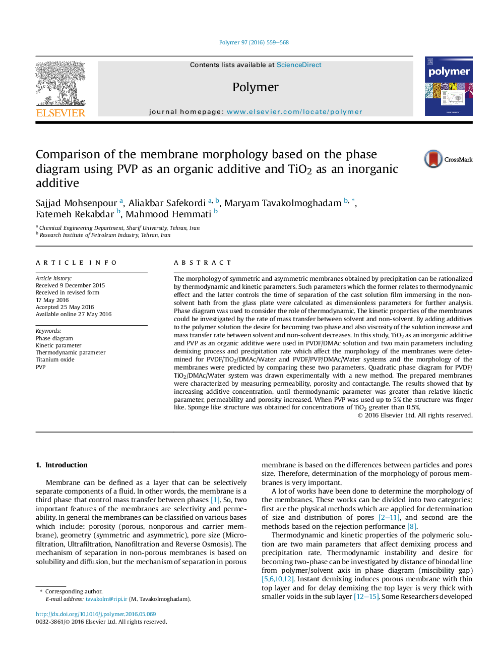 Comparison of the membrane morphology based on the phase diagram using PVP as an organic additive and TiO2 as an inorganic additive