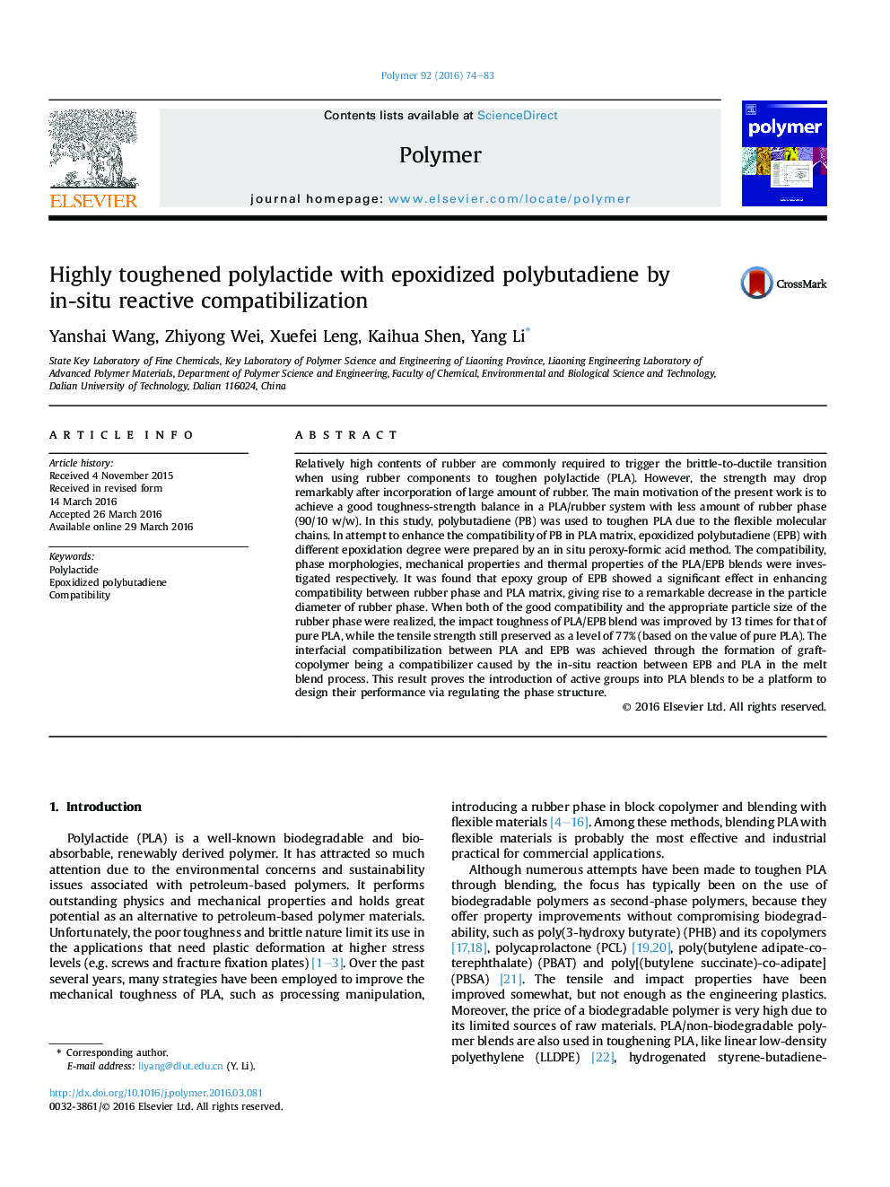 Highly toughened polylactide with epoxidized polybutadiene by in-situ reactive compatibilization