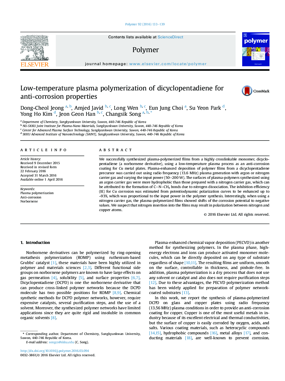 Low-temperature plasma polymerization of dicyclopentadiene for anti-corrosion properties