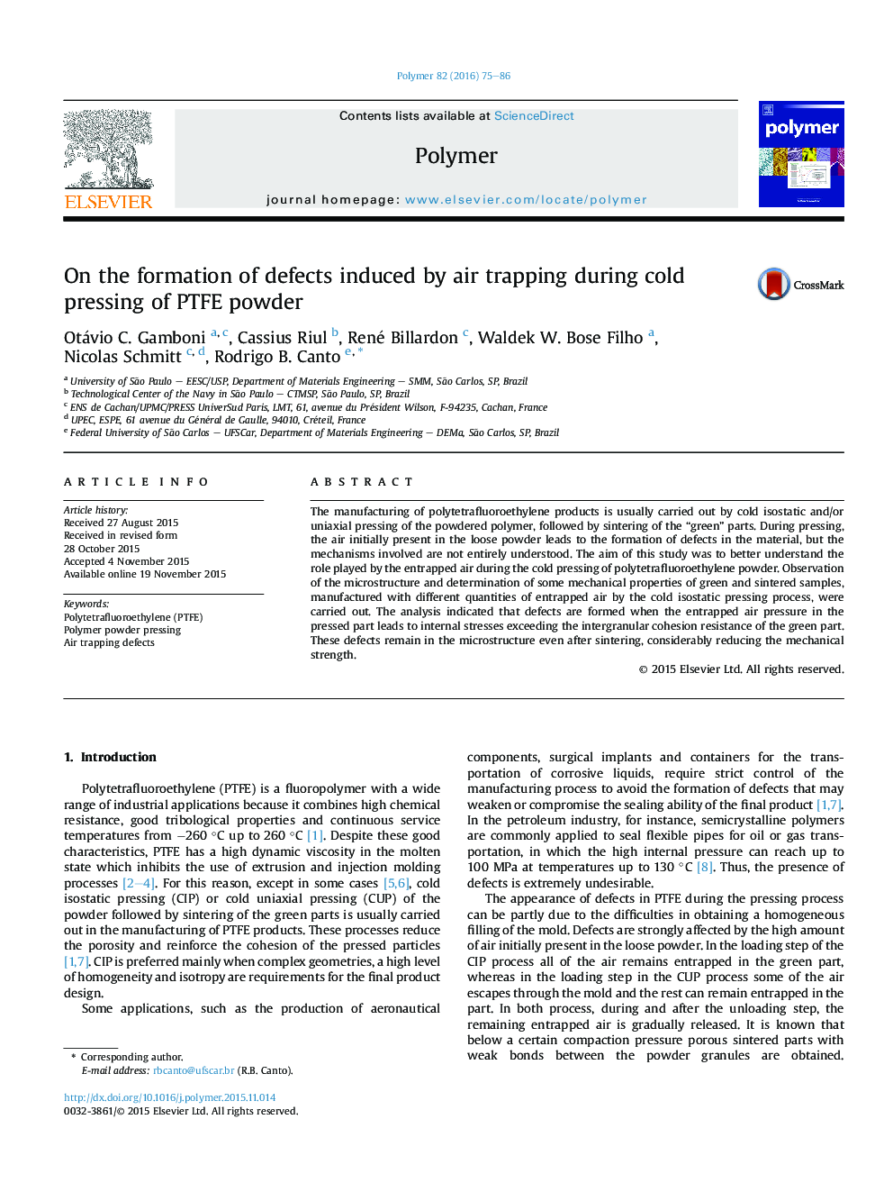 On the formation of defects induced by air trapping during cold pressing of PTFE powder