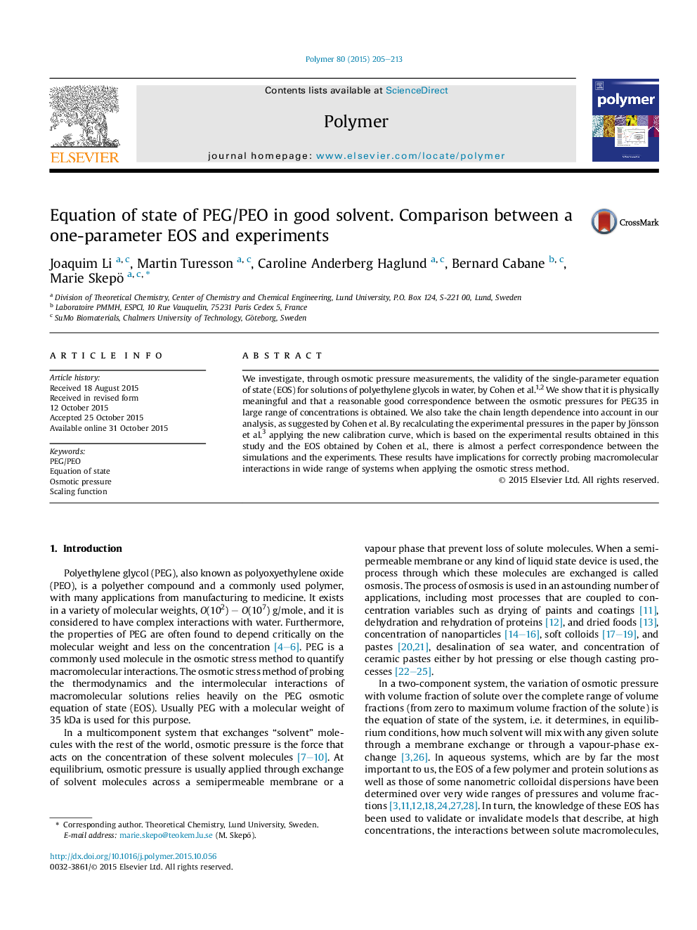 Equation of state of PEG/PEO in good solvent. Comparison between a one-parameter EOS and experiments