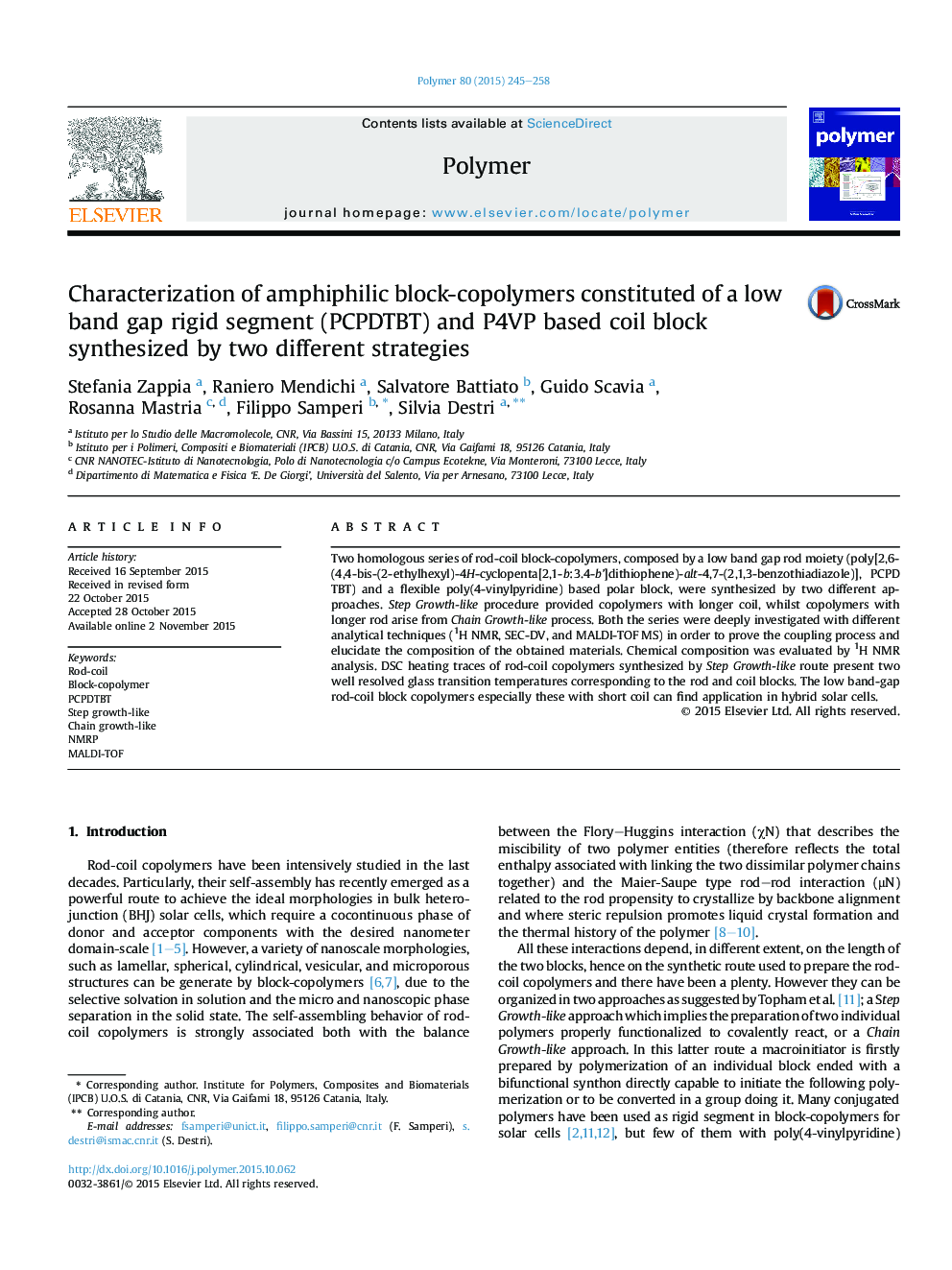 Characterization of amphiphilic block-copolymers constituted of a low band gap rigid segment (PCPDTBT) and P4VP based coil block synthesized by two different strategies