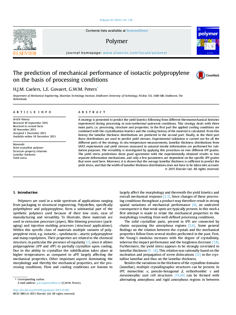 The prediction of mechanical performance of isotactic polypropylene on the basis of processing conditions