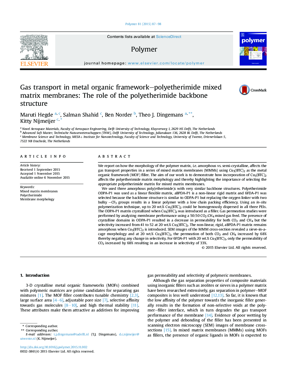 Gas transport in metal organic framework-polyetherimide mixed matrix membranes: The role of the polyetherimide backbone structure