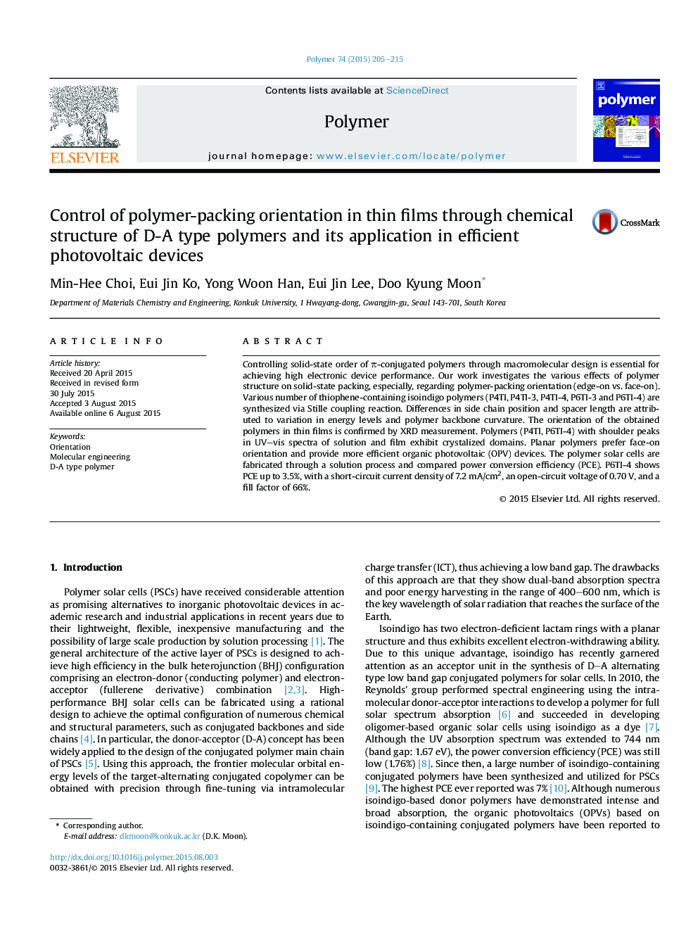 Control of polymer-packing orientation in thin films through chemical structure of D-A type polymers and its application in efficient photovoltaic devices