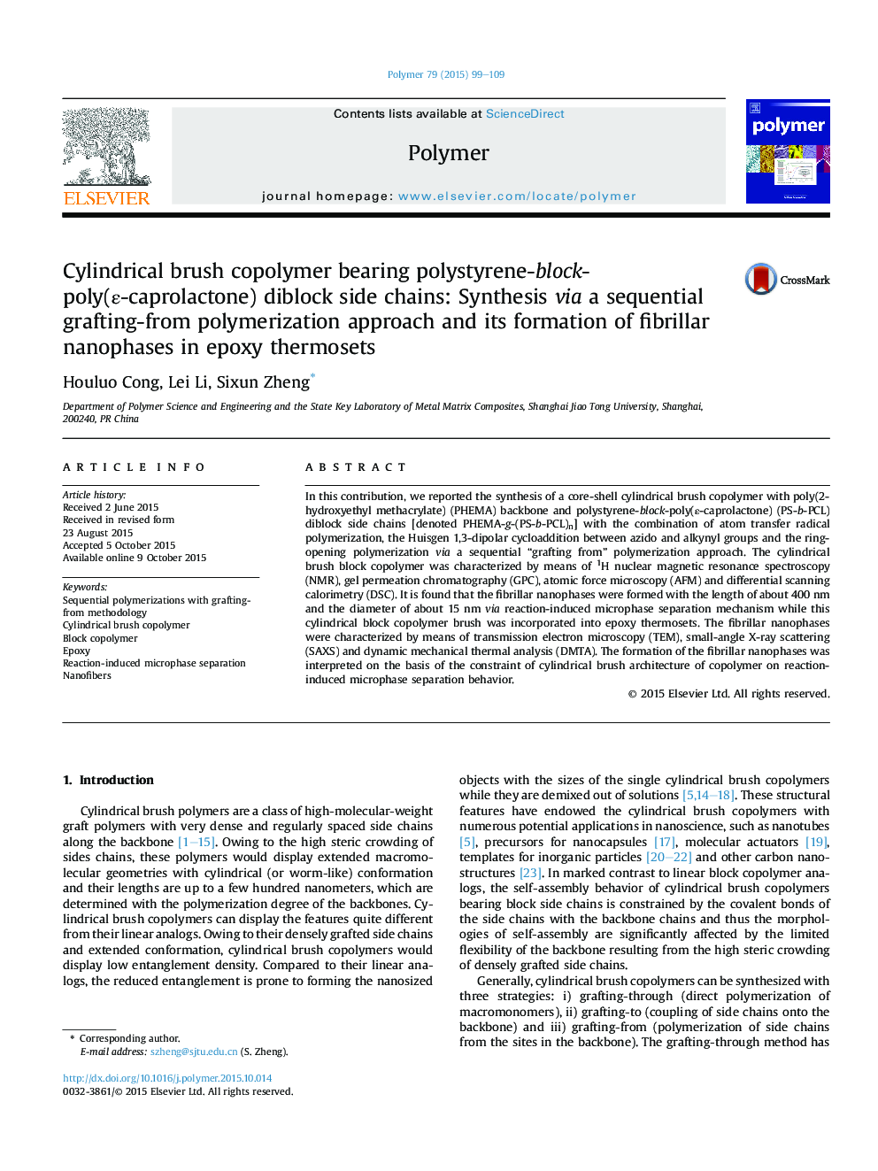 Cylindrical brush copolymer bearing polystyrene-block-poly(Îµ-caprolactone) diblock side chains: Synthesis via a sequential grafting-from polymerization approach and its formation of fibrillar nanophases in epoxy thermosets