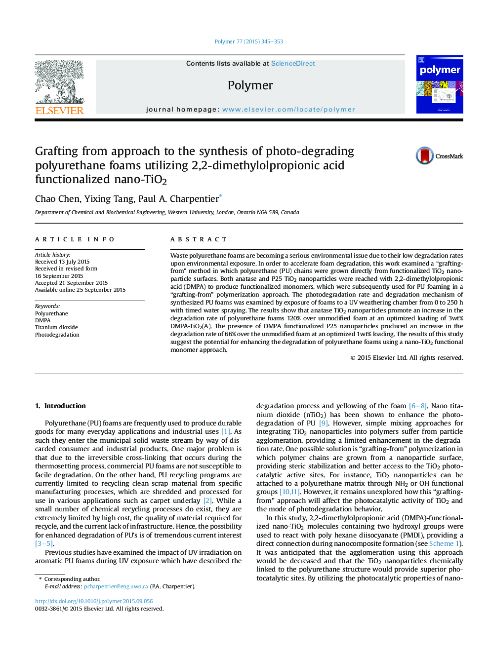 Grafting from approach to the synthesis of photo-degrading polyurethane foams utilizing 2,2-dimethylolpropionic acid functionalized nano-TiO2