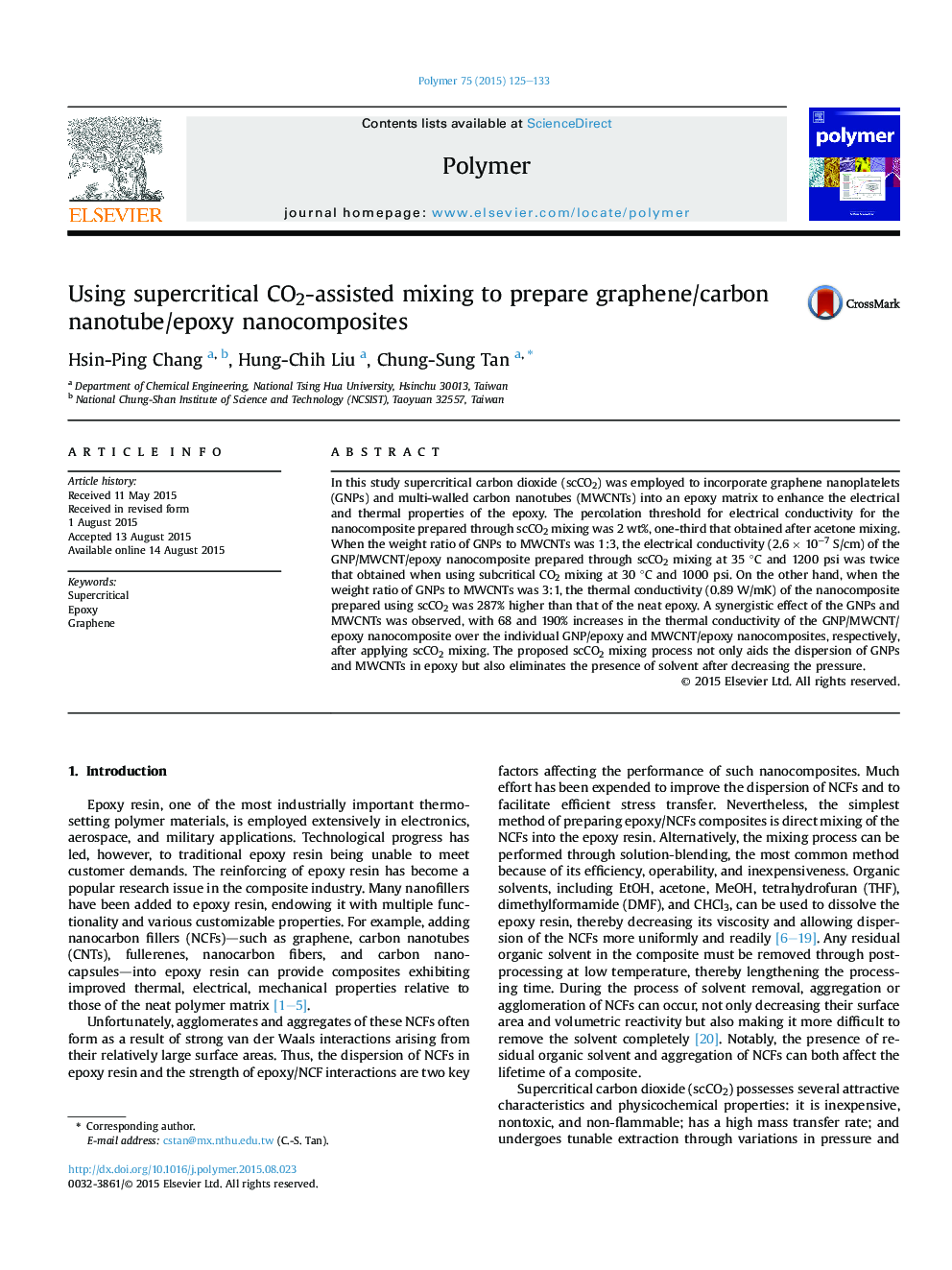 Using supercritical CO2-assisted mixing to prepare graphene/carbon nanotube/epoxy nanocomposites