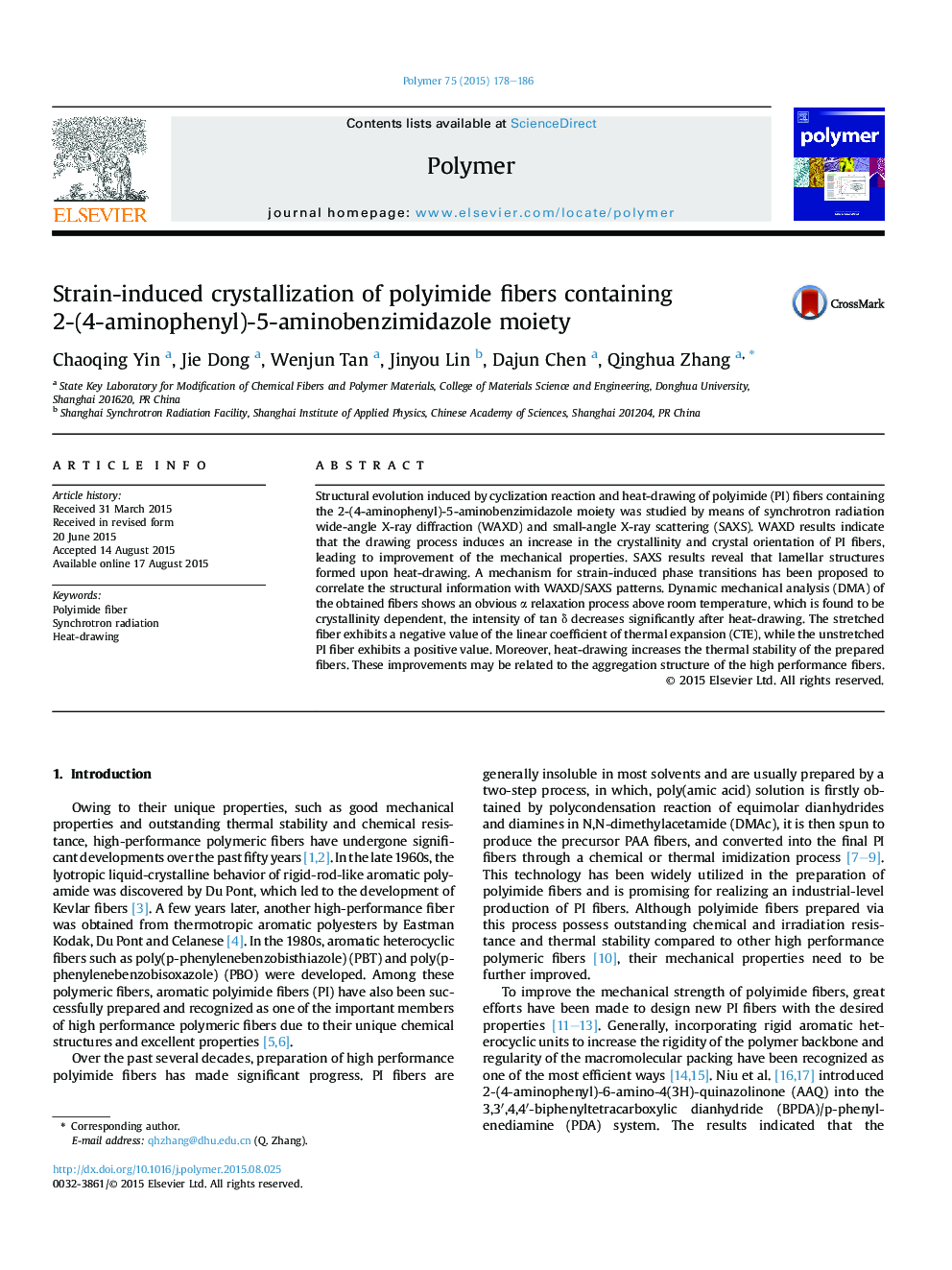 Strain-induced crystallization of polyimide fibers containing 2-(4-aminophenyl)-5-aminobenzimidazole moiety