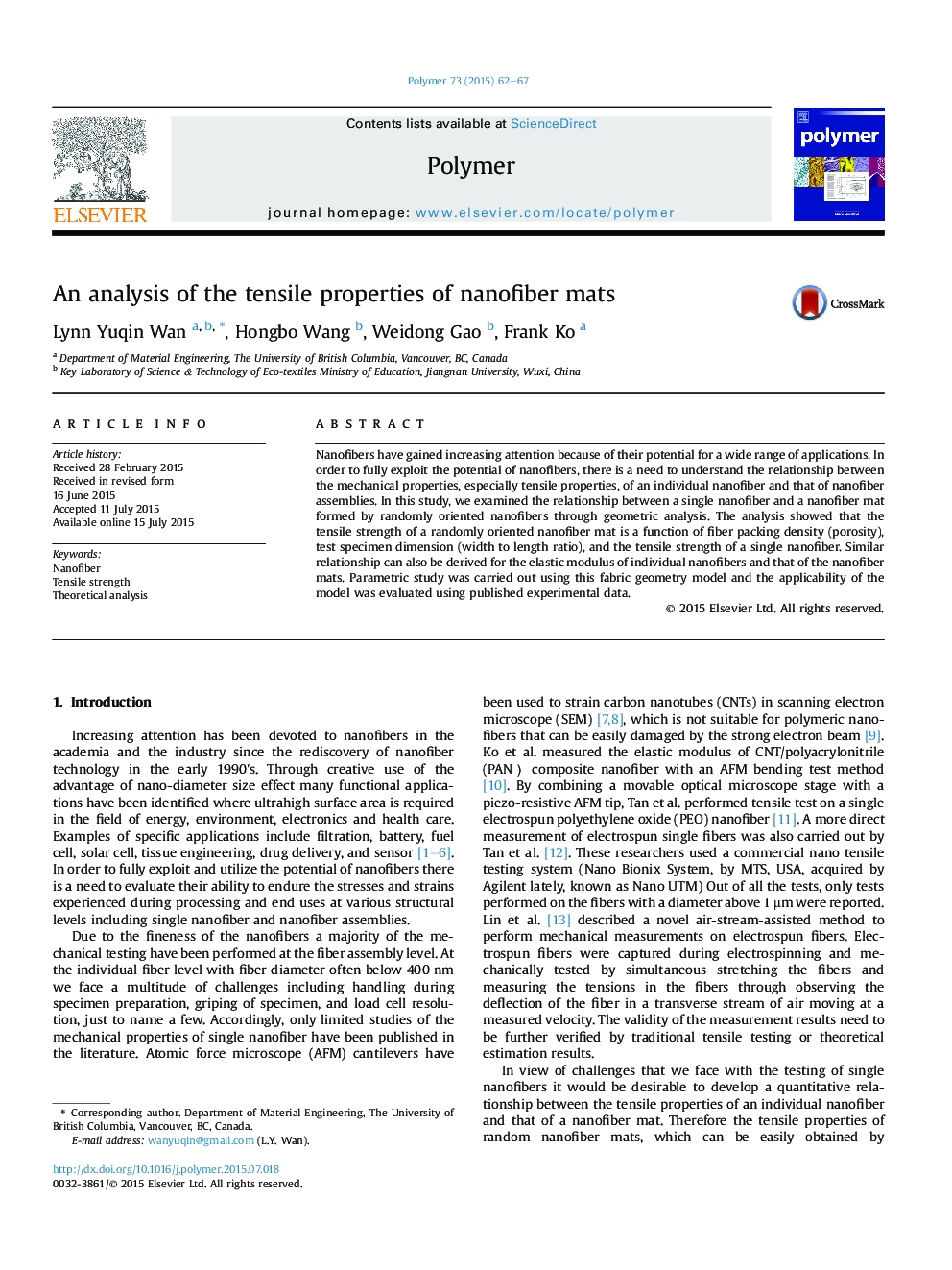 An analysis of the tensile properties of nanofiber mats