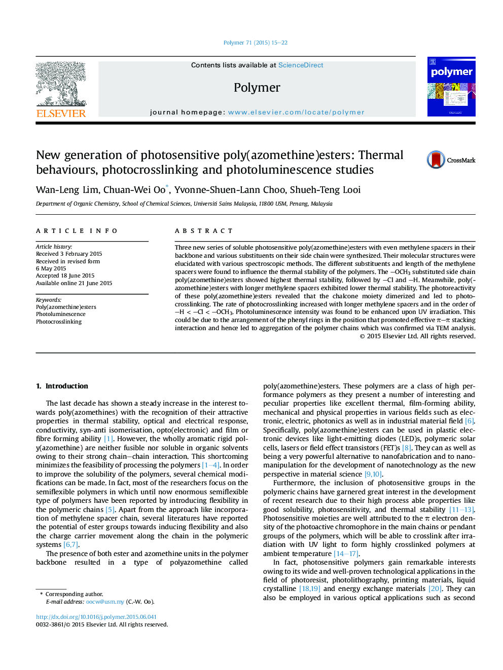 New generation of photosensitive poly(azomethine)esters: Thermal behaviours, photocrosslinking and photoluminescence studies