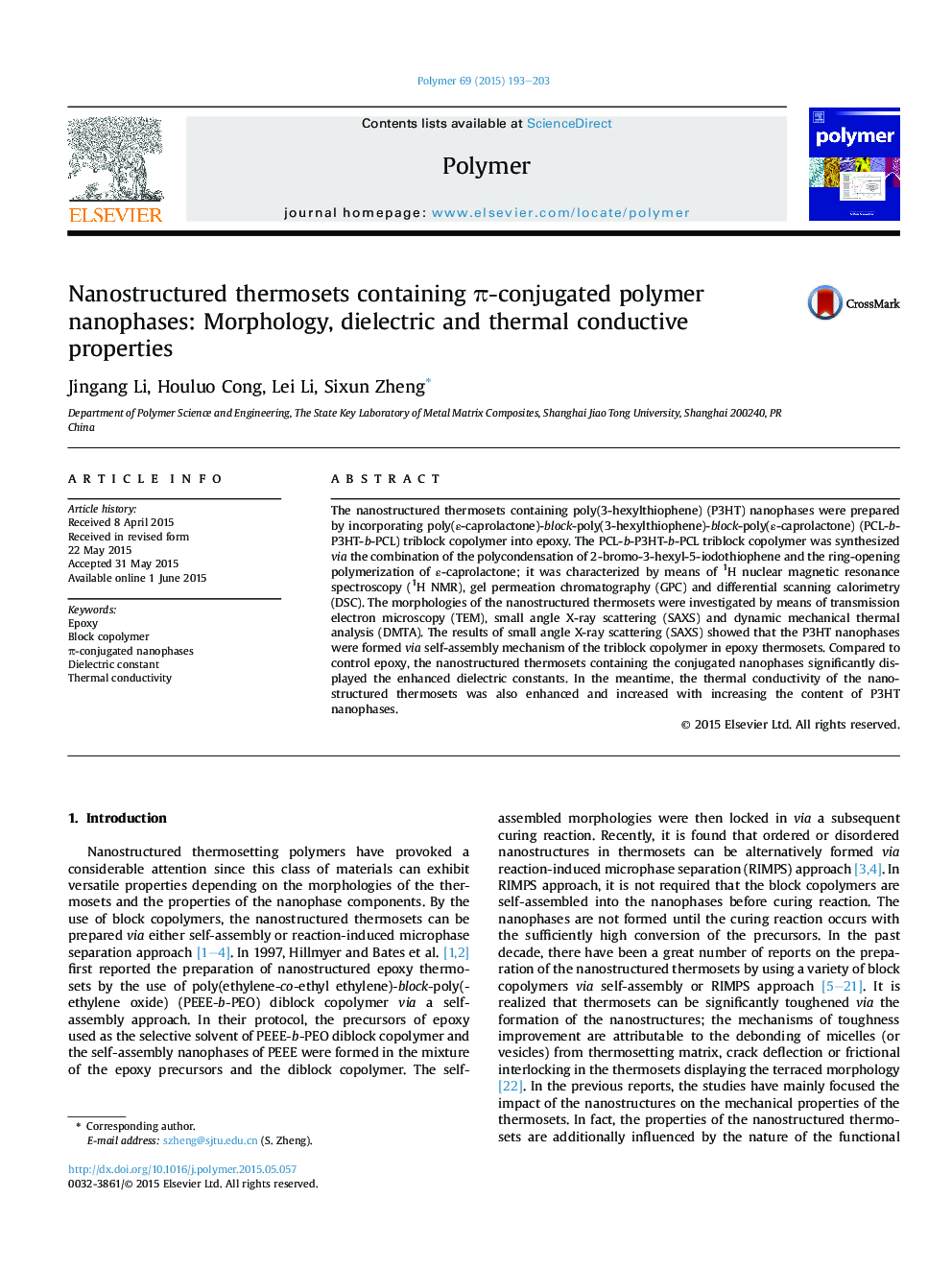 Nanostructured thermosets containing Ï-conjugated polymer nanophases: Morphology, dielectric and thermal conductive properties